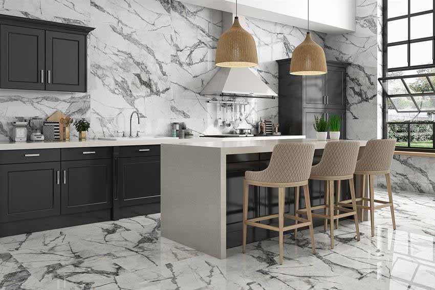 White Grey Marble Effect Porcelain Kitchen Tiles