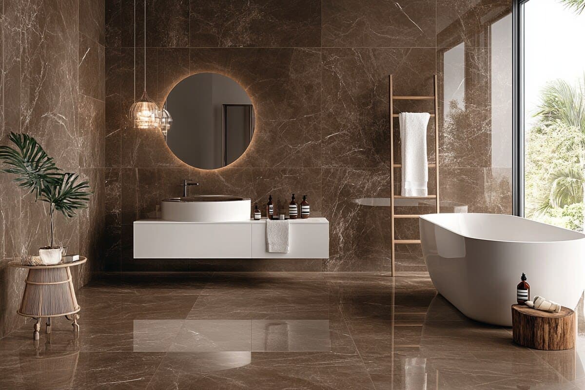 Brown Marble Effect Polished Porcelain Bathroom Floor and Wall Tiles 600*1200