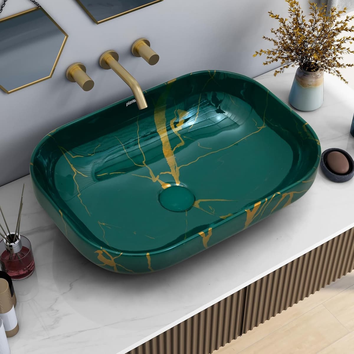 Green Marble Effect Countertop Wash Basin with Gold Vein Finish