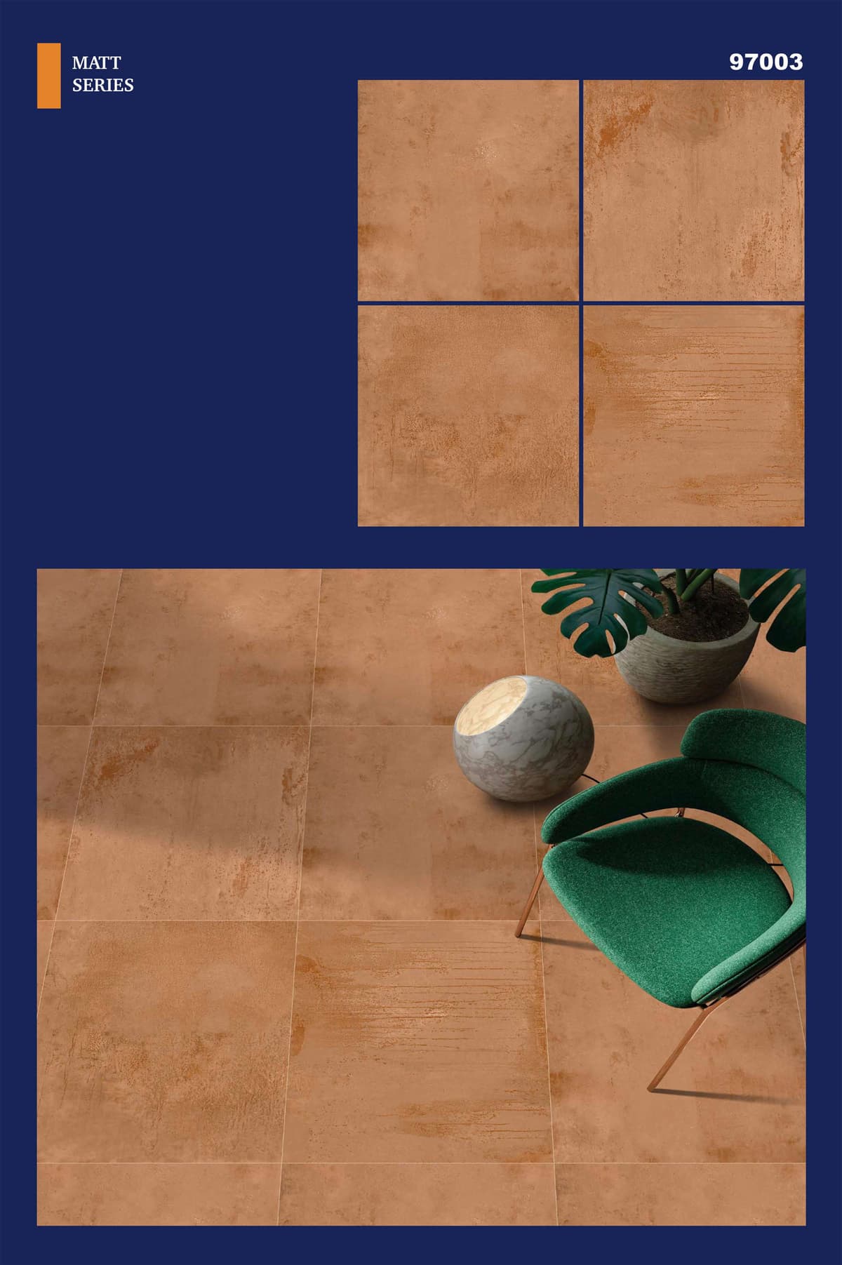 Warm Terracotta Stone-Effect Matt Porcelain Floor Tiles 600*600