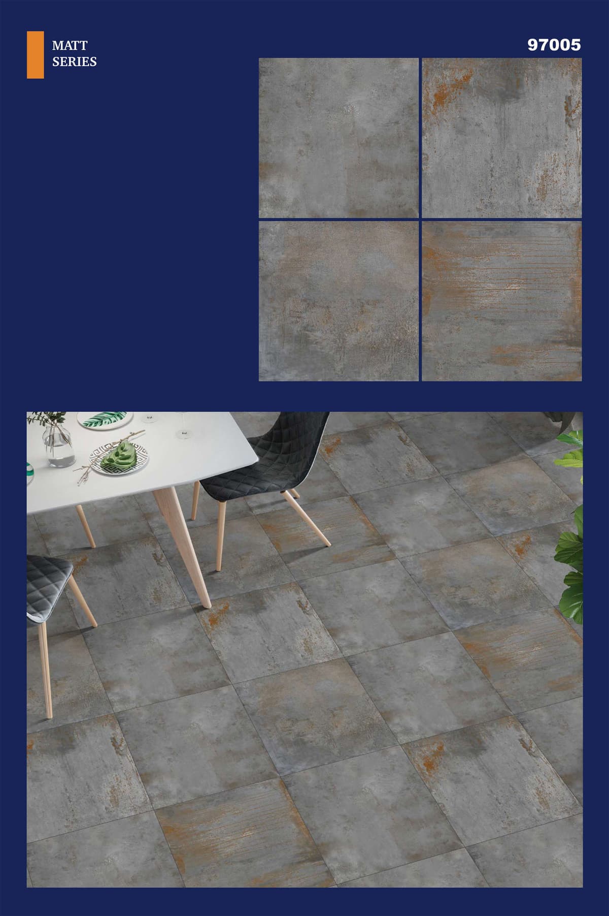 Industrial Grey Metal-Effect Matt Porcelain Floor Tiles 600*600